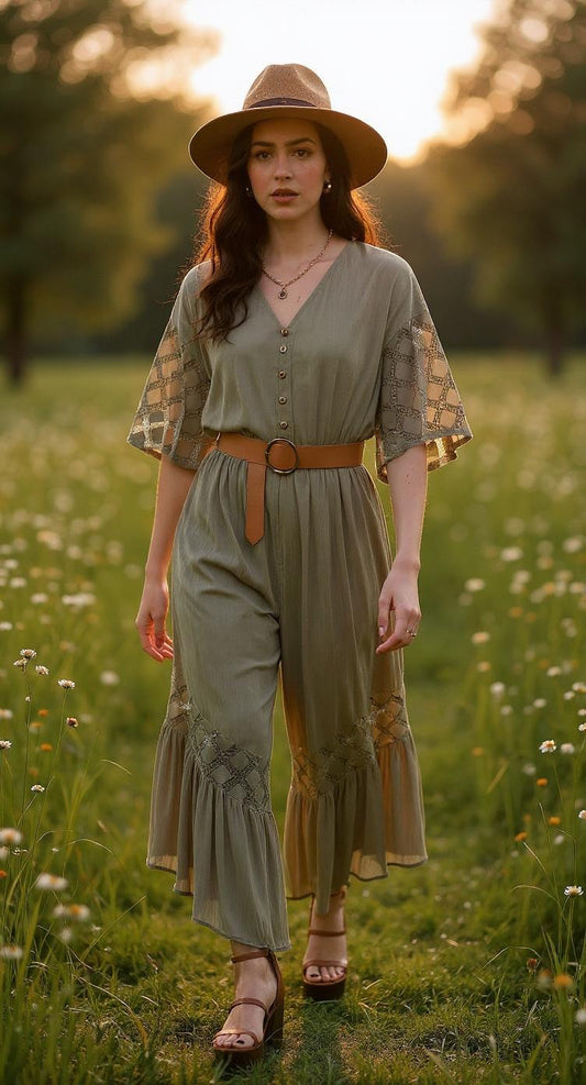 V‑Neck Button Down Ruffle Hem Jumpsuit – Olive