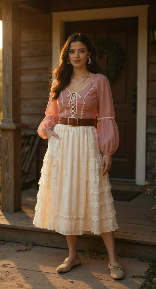 Lace-Up Embroidered Puff Sleeve Top – Blush