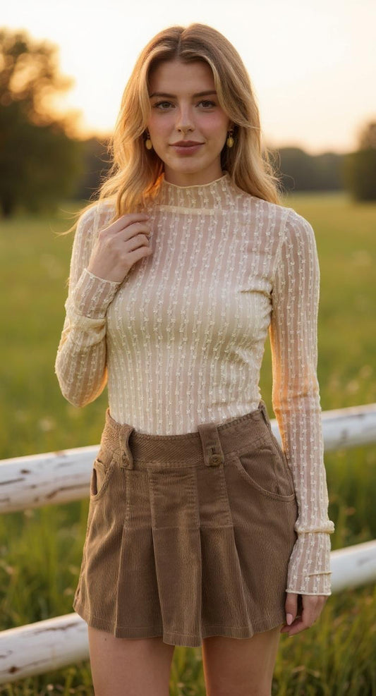 Sheer Textured Lace Long-Sleeve Top – Tan
