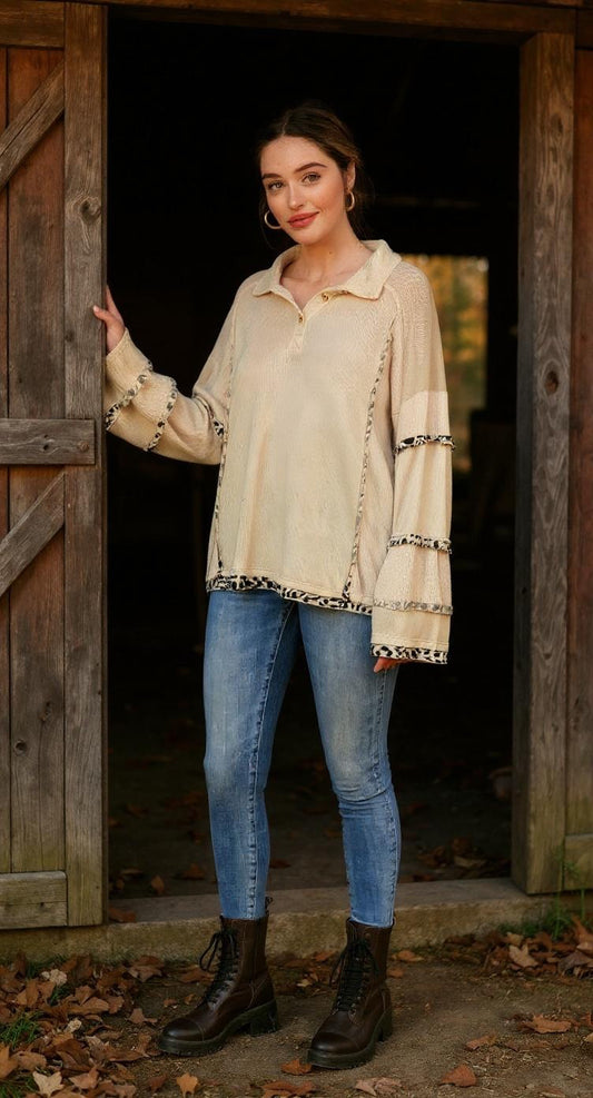 Leopard Trim Collared Thermal Top – Beige