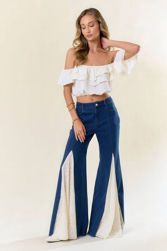 Bell Bottom Denim with Lace Insert Trim