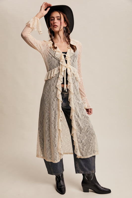 Sheer Lace Ruffle Duster – Ecru