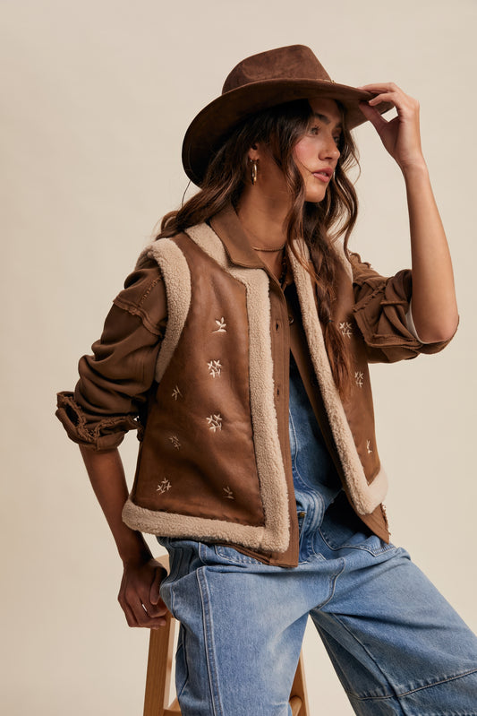 Embroidered Faux Suede Shearling Vest – Mocha