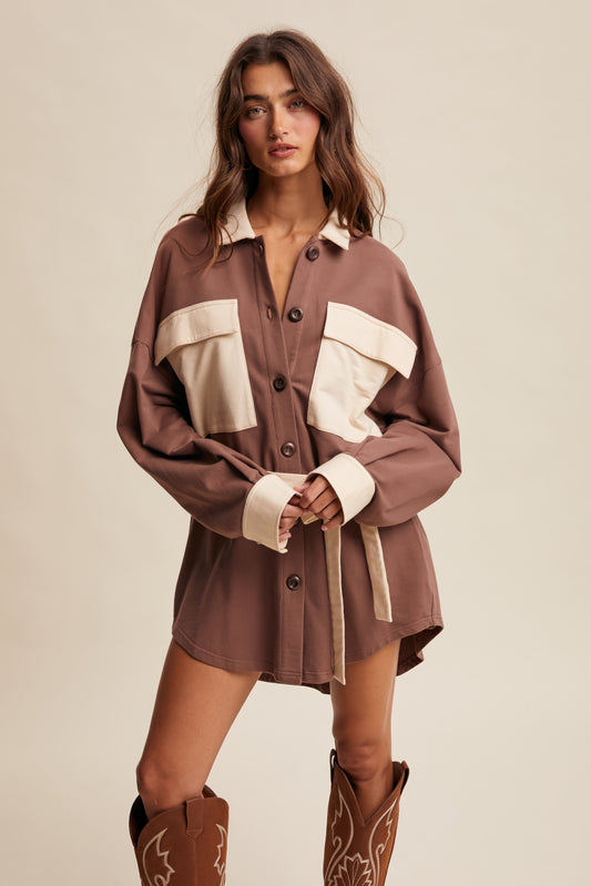 Contrast Belted Shirt Jacket Shacket – Chocolate