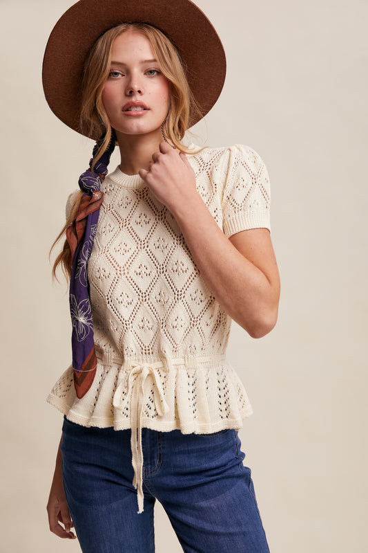 Pointelle Knit Peplum Top – Cream
