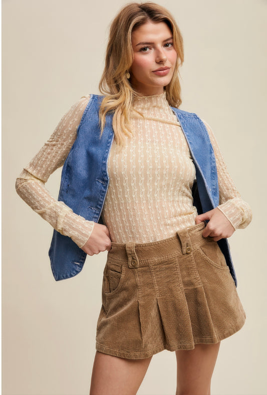 Sheer Textured Lace Long-Sleeve Top – Tan