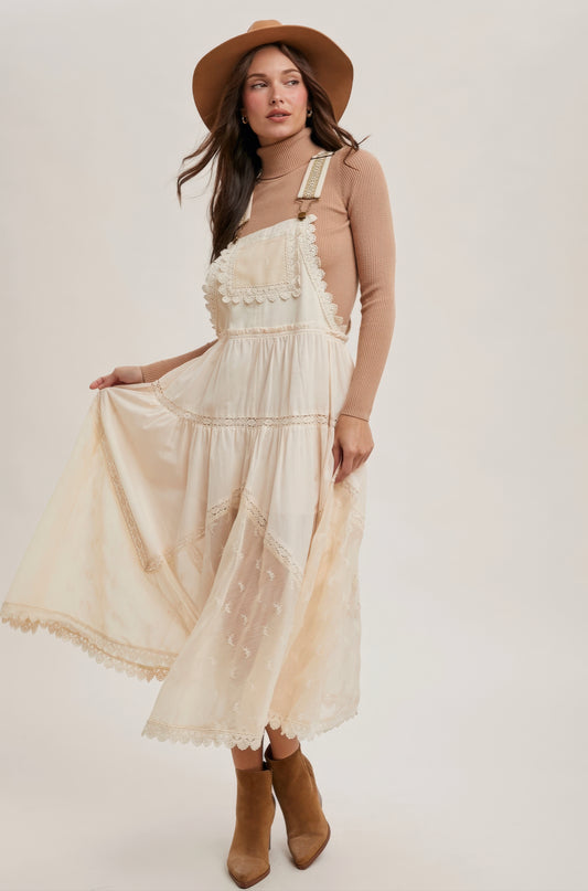 Lace Embroidered Tulle Bib Maxi Dress – Ecru