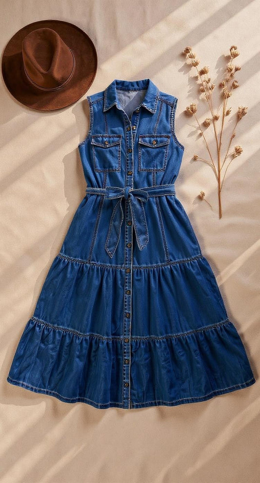Tiered Denim Maxi Dress – Washed Cobalt Western Chic