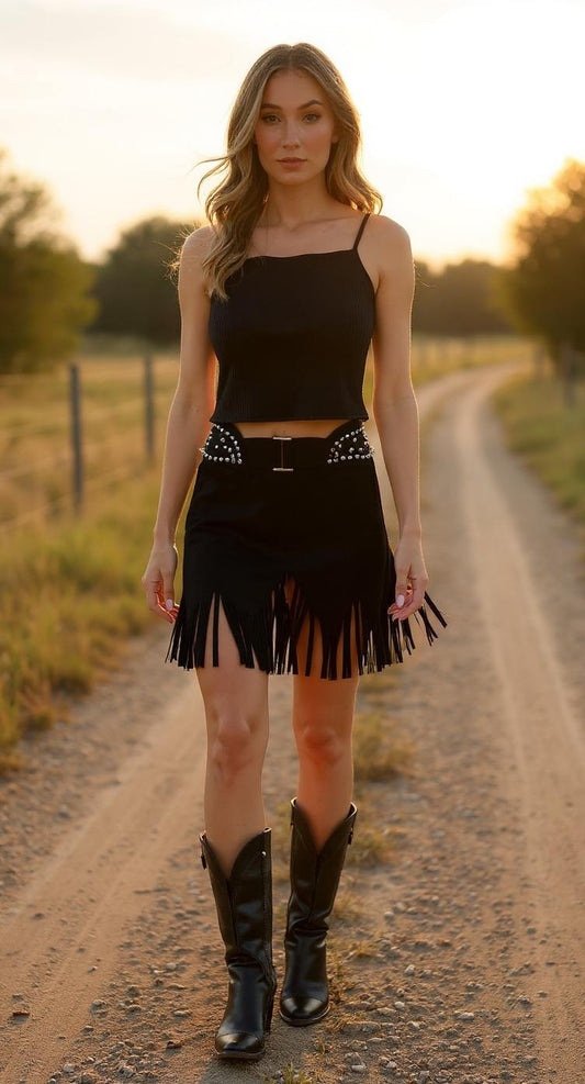 Thin Suede Stud Fringe Skirt