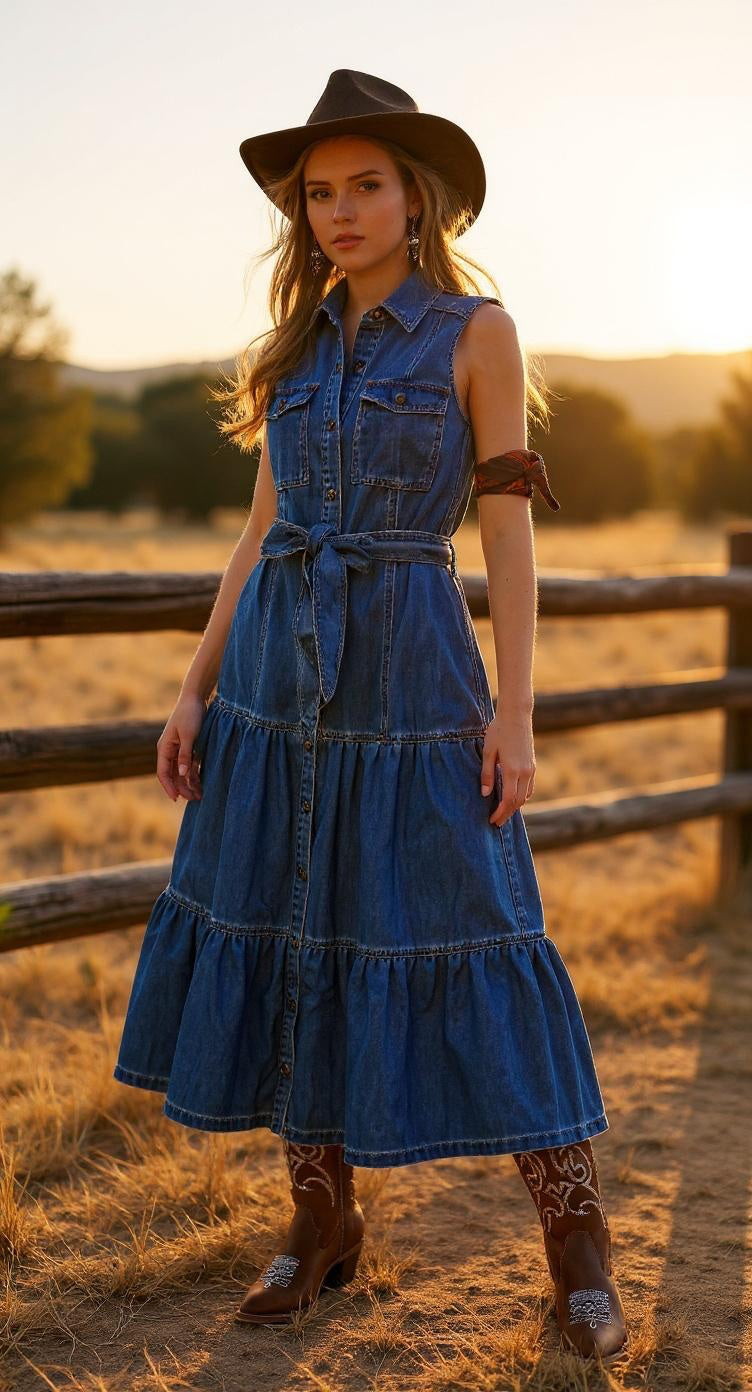 Tiered Denim Maxi Dress – Washed Cobalt Western Chic