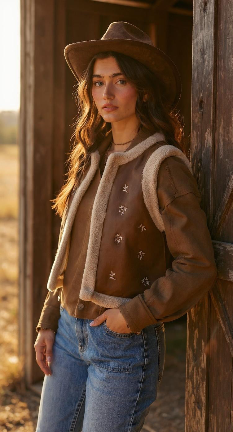 Embroidered Faux Suede Shearling Vest – Mocha