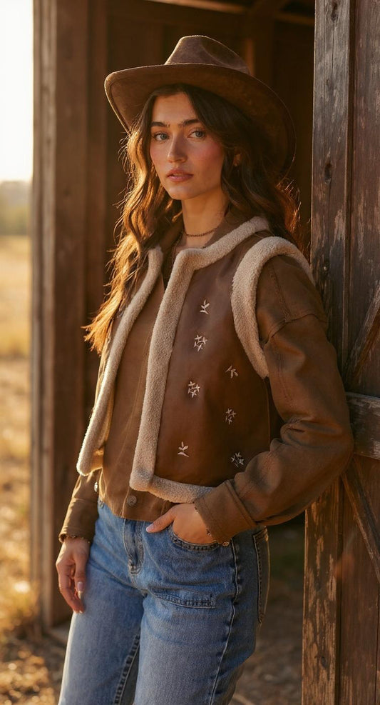 Embroidered Faux Suede Shearling Vest – Mocha