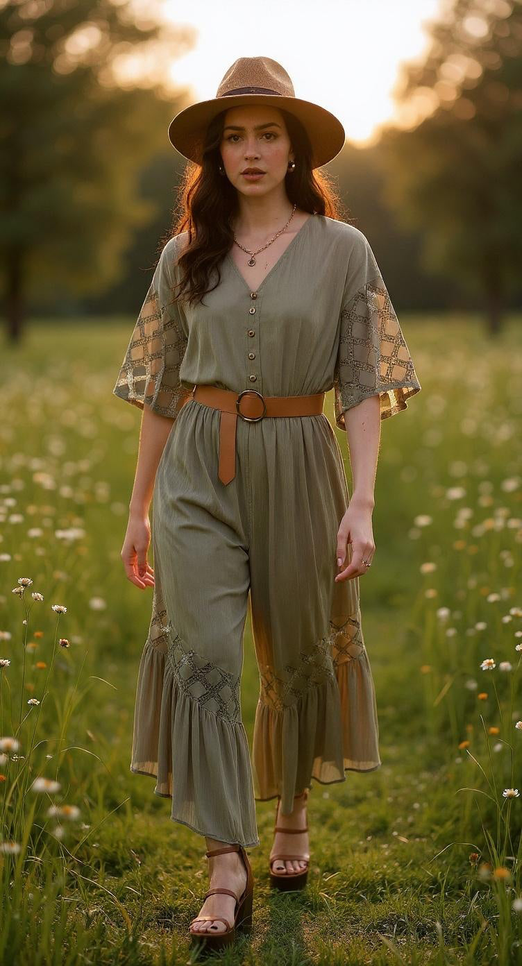 V‑Neck Button Down Ruffle Hem Jumpsuit – Olive