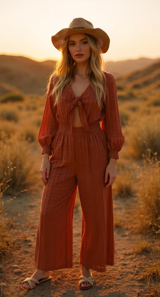 Front Cut Out Long Sleeves Jumpsuit – Brick