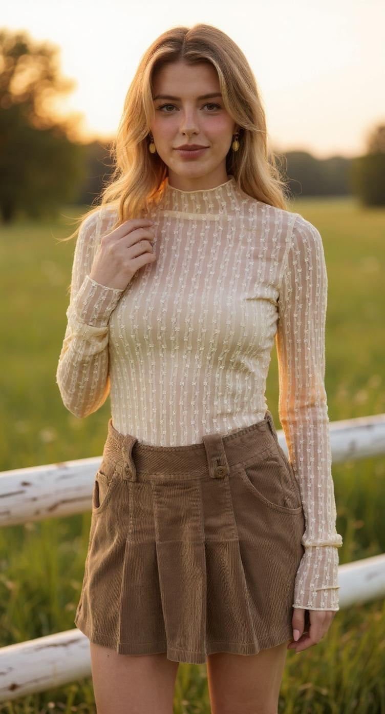 Sheer Textured Lace Long-Sleeve Top – Tan