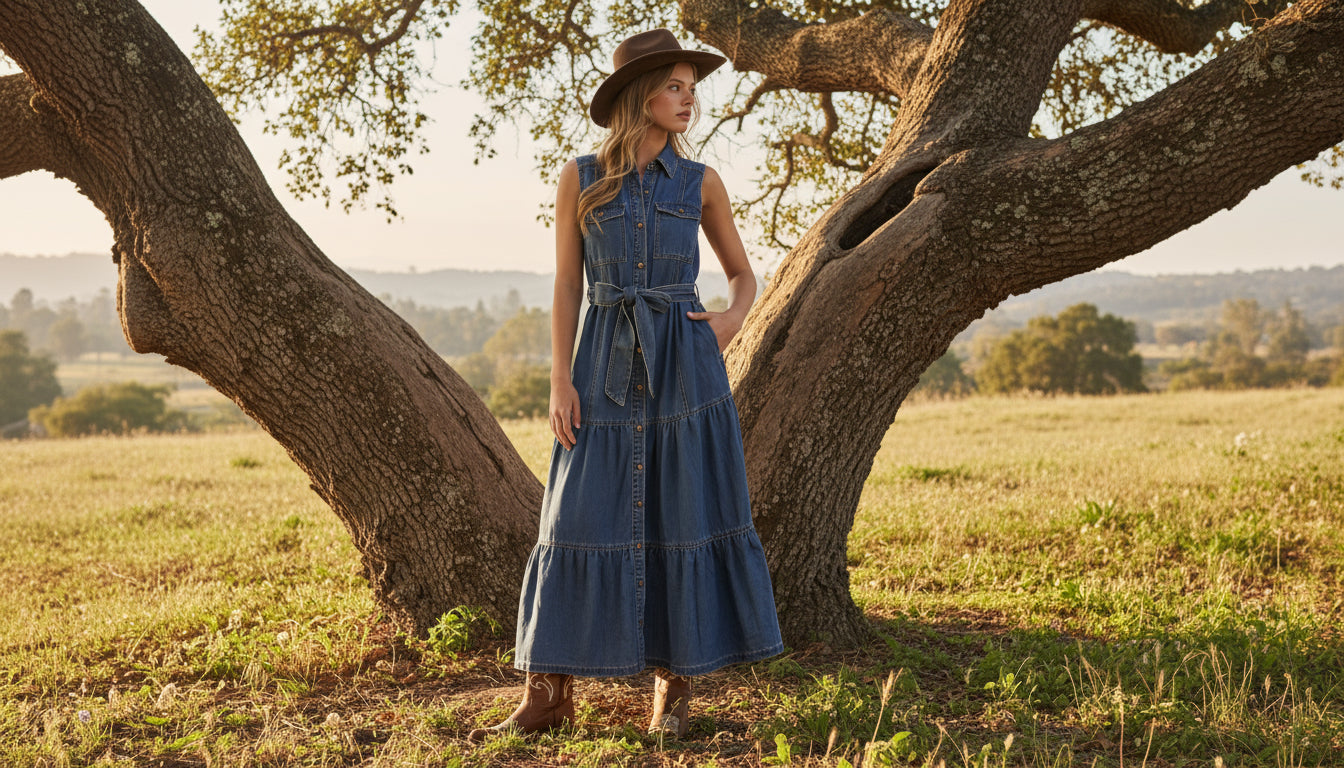 Tiered Denim Maxi Dress – Washed Cobalt Western Chic
