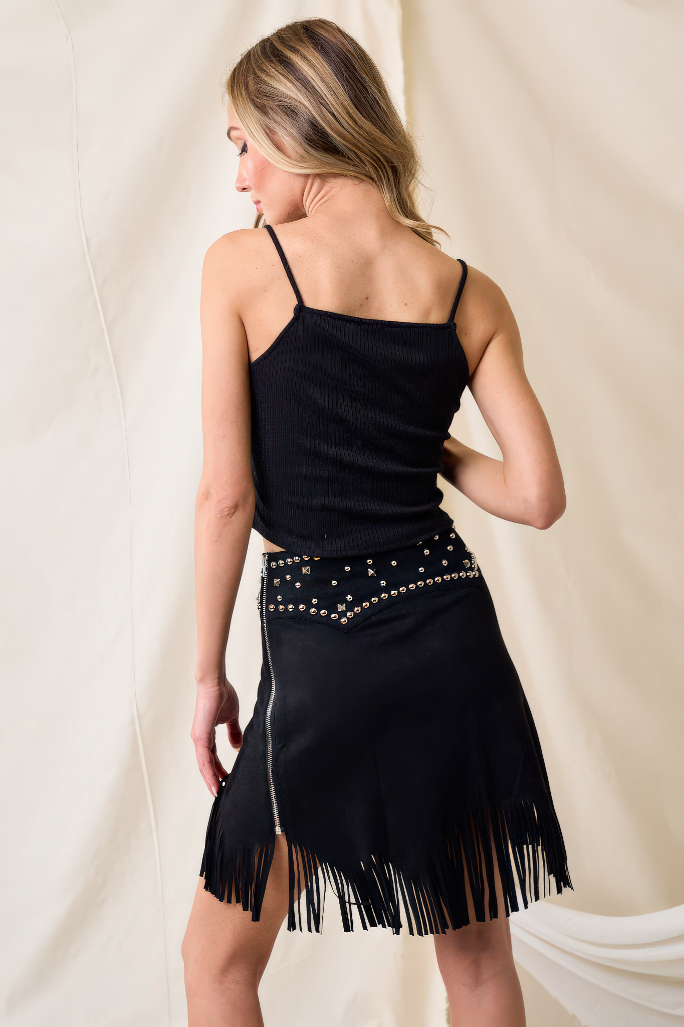 Thin Suede Stud Fringe Skirt