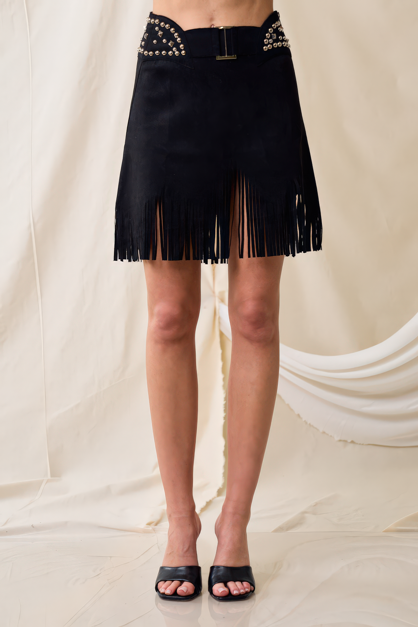 Thin Suede Stud Fringe Skirt
