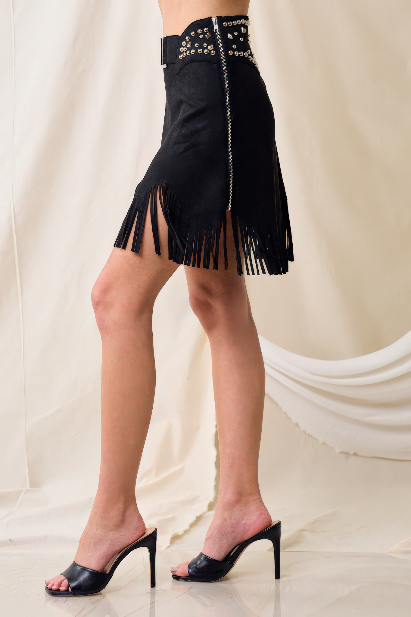 Thin Suede Stud Fringe Skirt