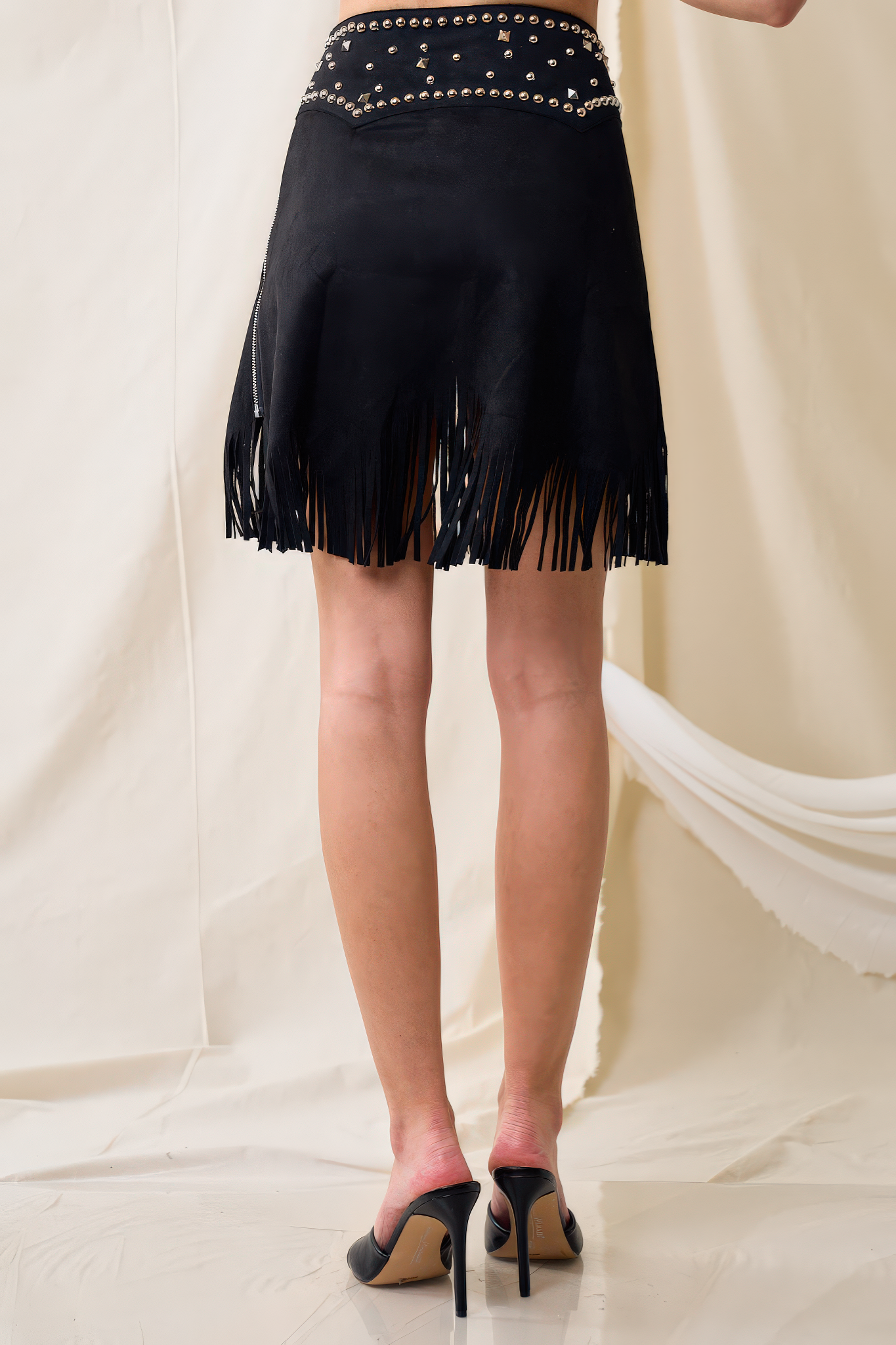 Thin Suede Stud Fringe Skirt
