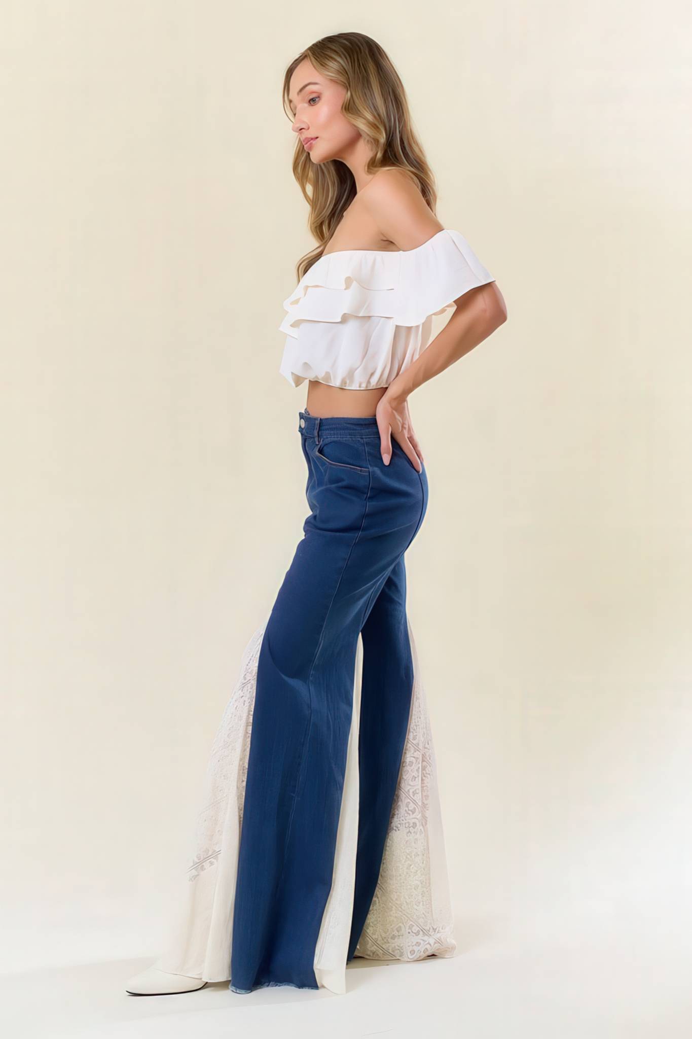 Bell Bottom Denim with Lace Insert Trim