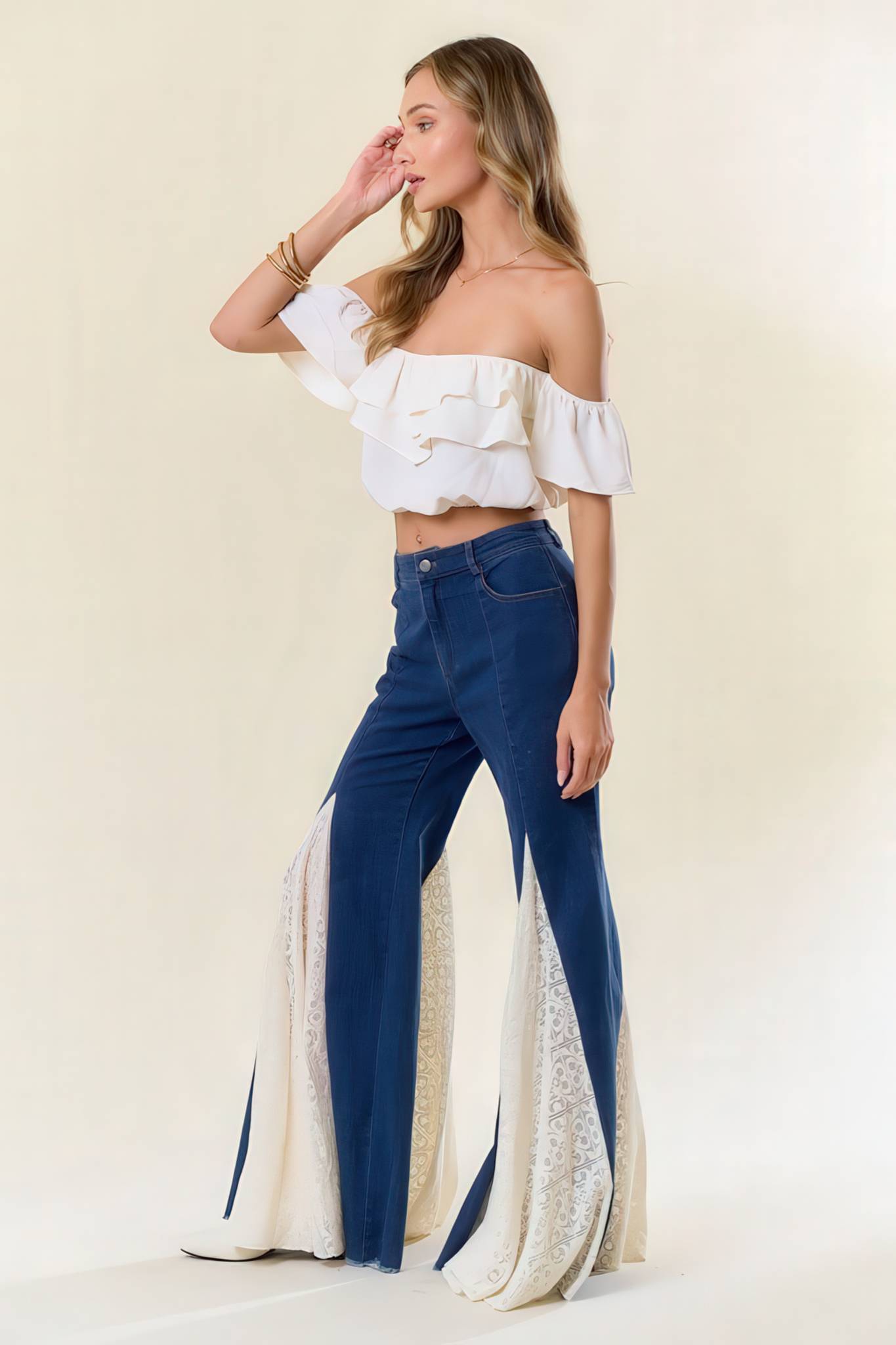Bell Bottom Denim with Lace Insert Trim