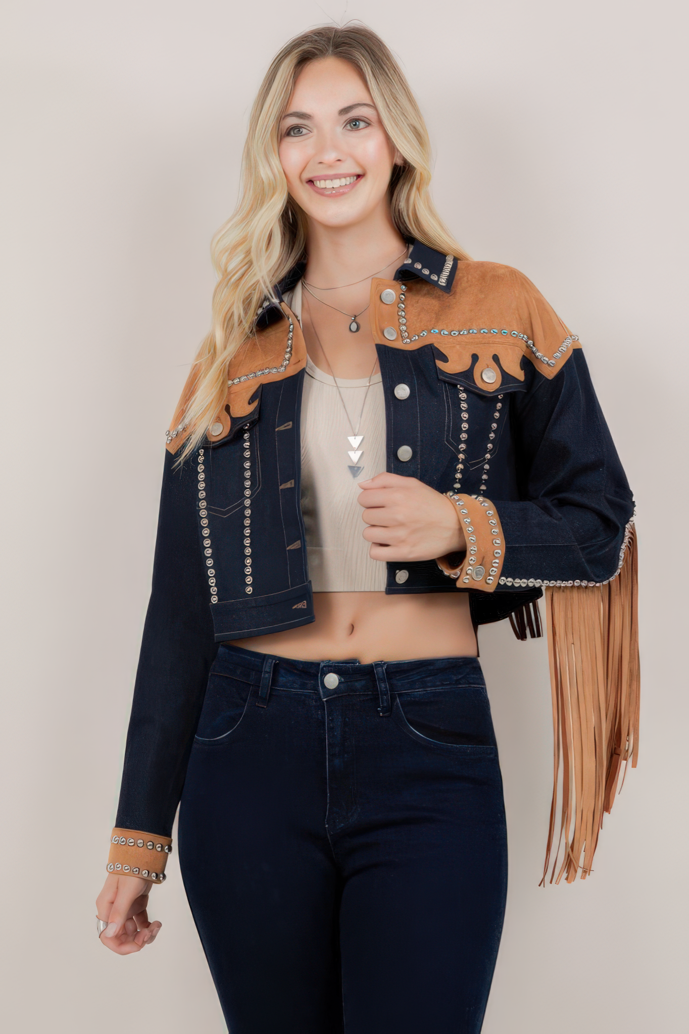 Contrast Yoke Stud Detail Denim Jacket
