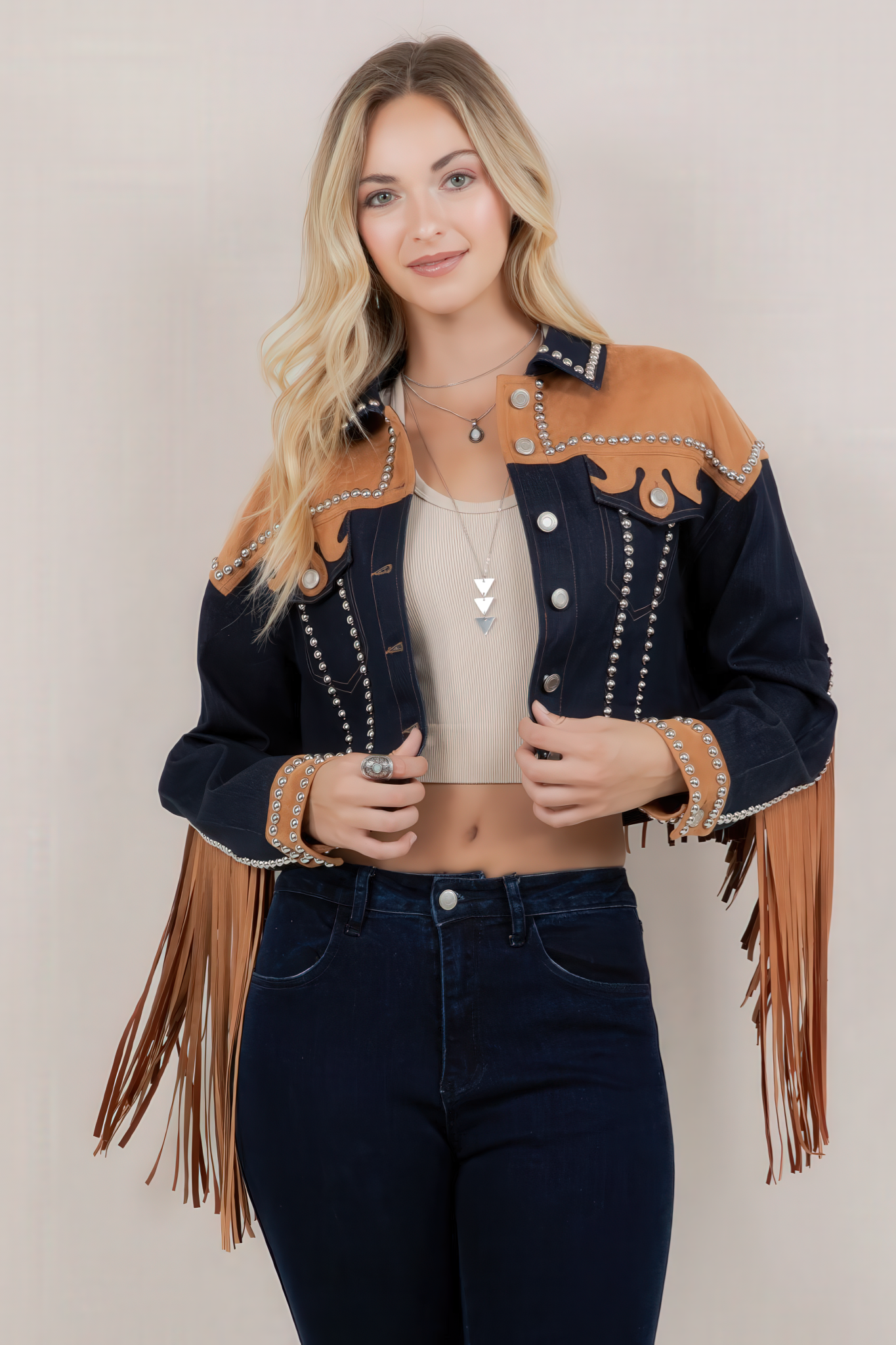 Contrast Yoke Stud Detail Denim Jacket