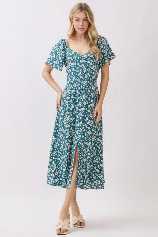 Princess Neckline Flare Sleeve Midi Dress