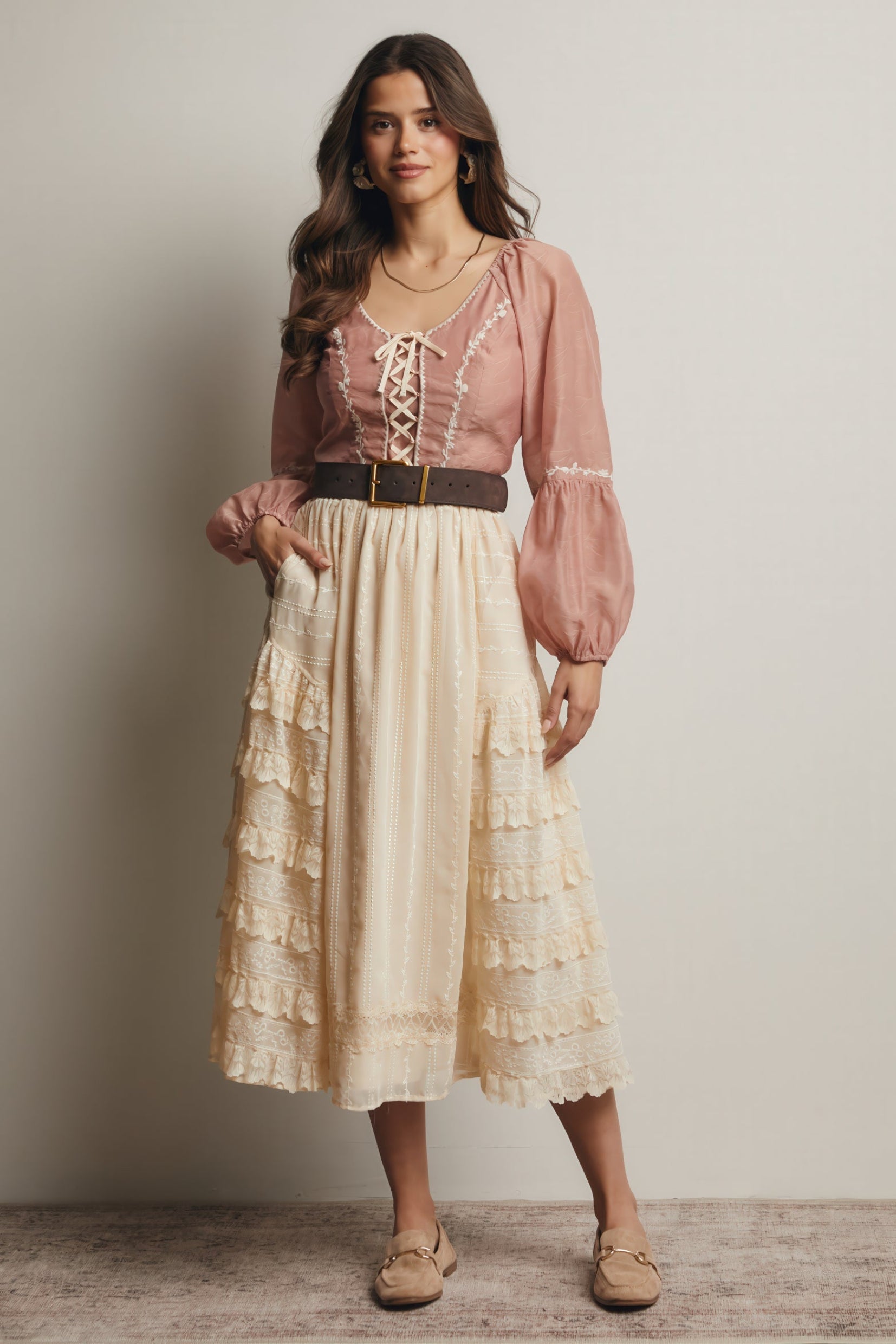 Lace-Up Embroidered Puff Sleeve Top – Blush