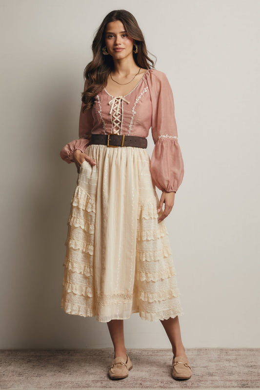 Lace-Up Embroidered Puff Sleeve Top – Blush