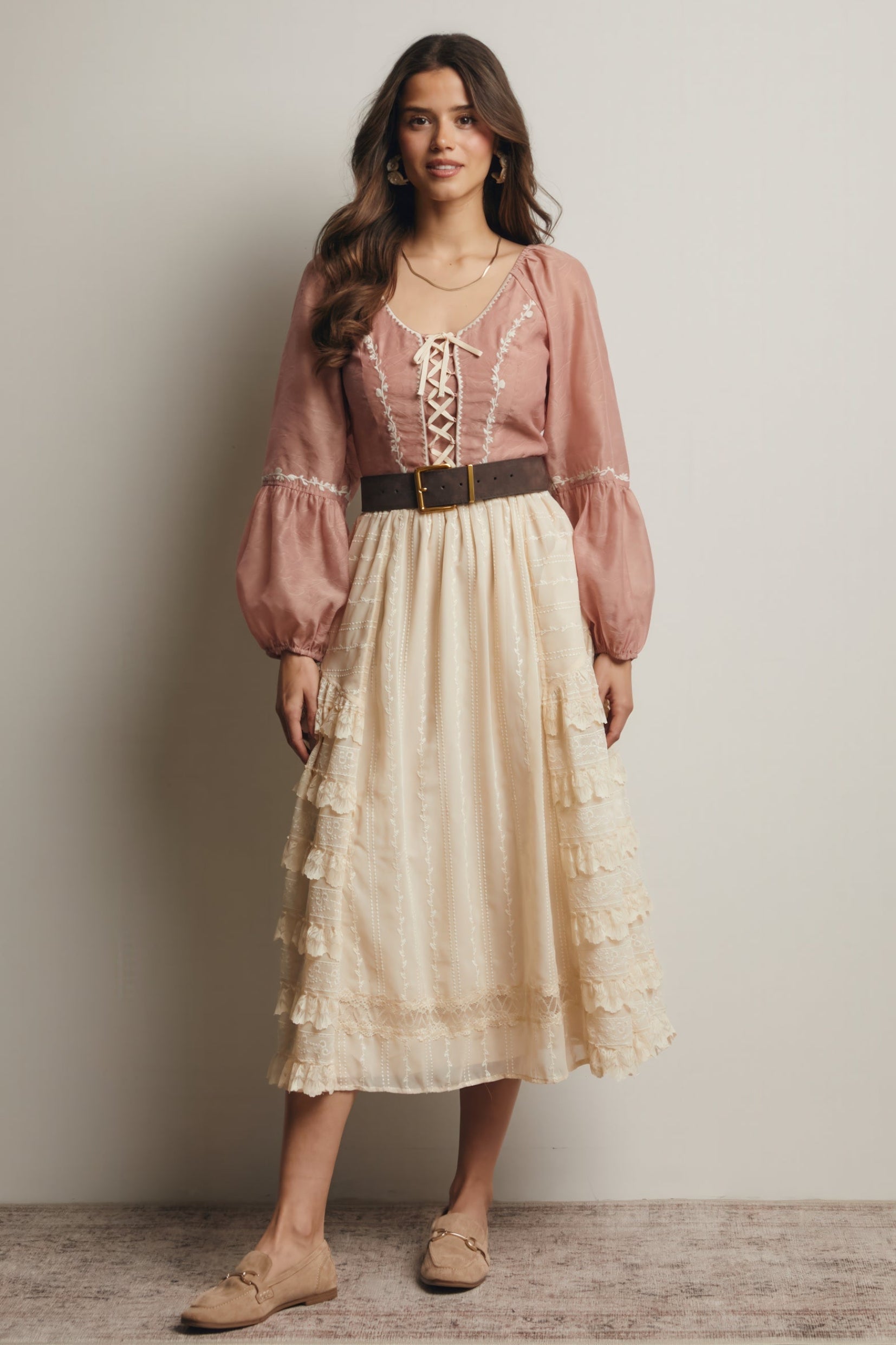 Lace-Up Embroidered Puff Sleeve Top – Blush