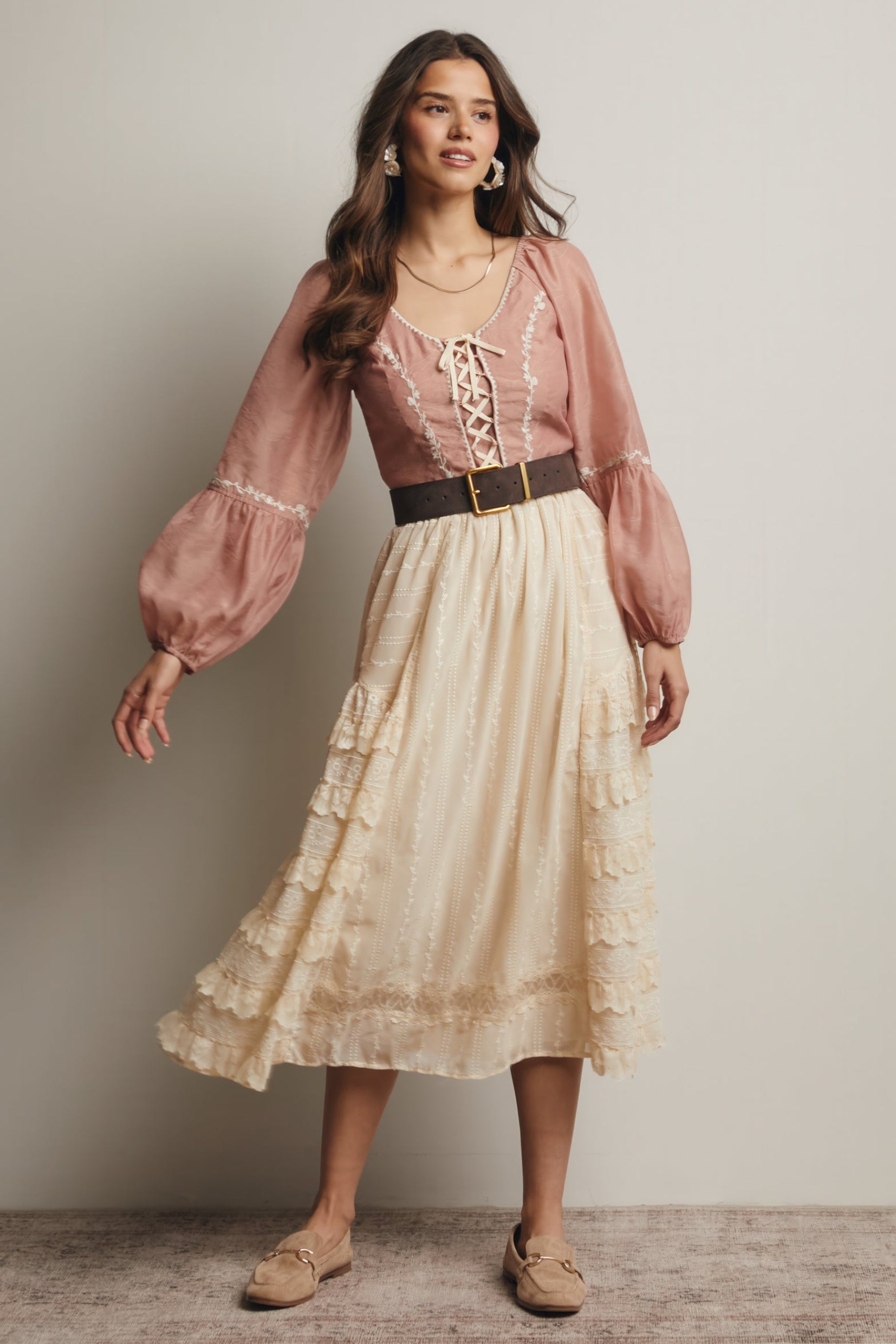 Lace-Up Embroidered Puff Sleeve Top – Blush