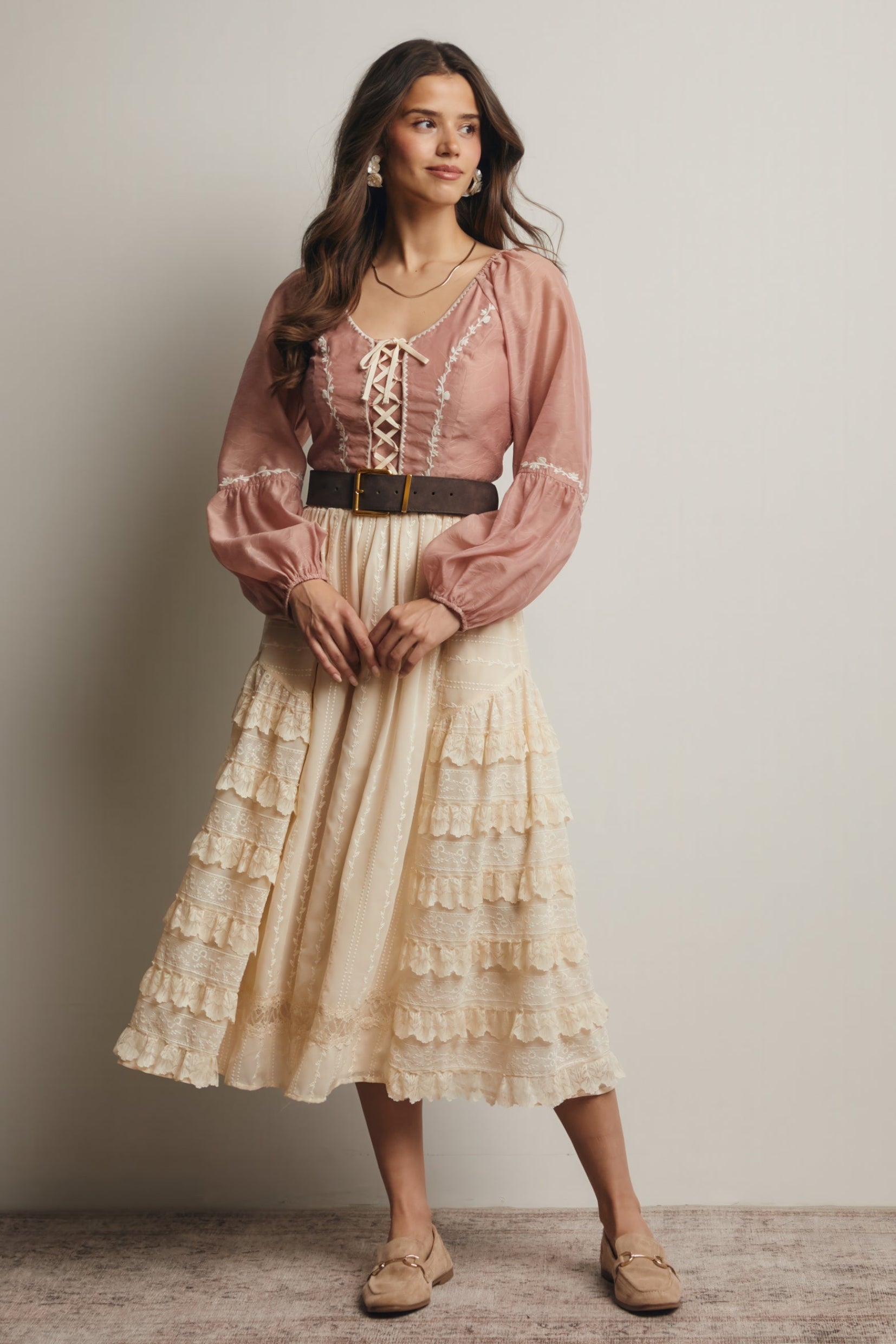 Lace-Up Embroidered Puff Sleeve Top – Blush