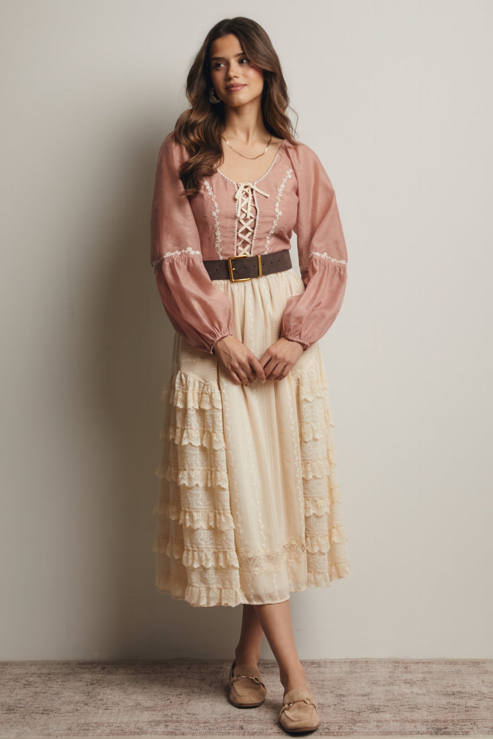 Lace-Up Embroidered Puff Sleeve Top – Blush