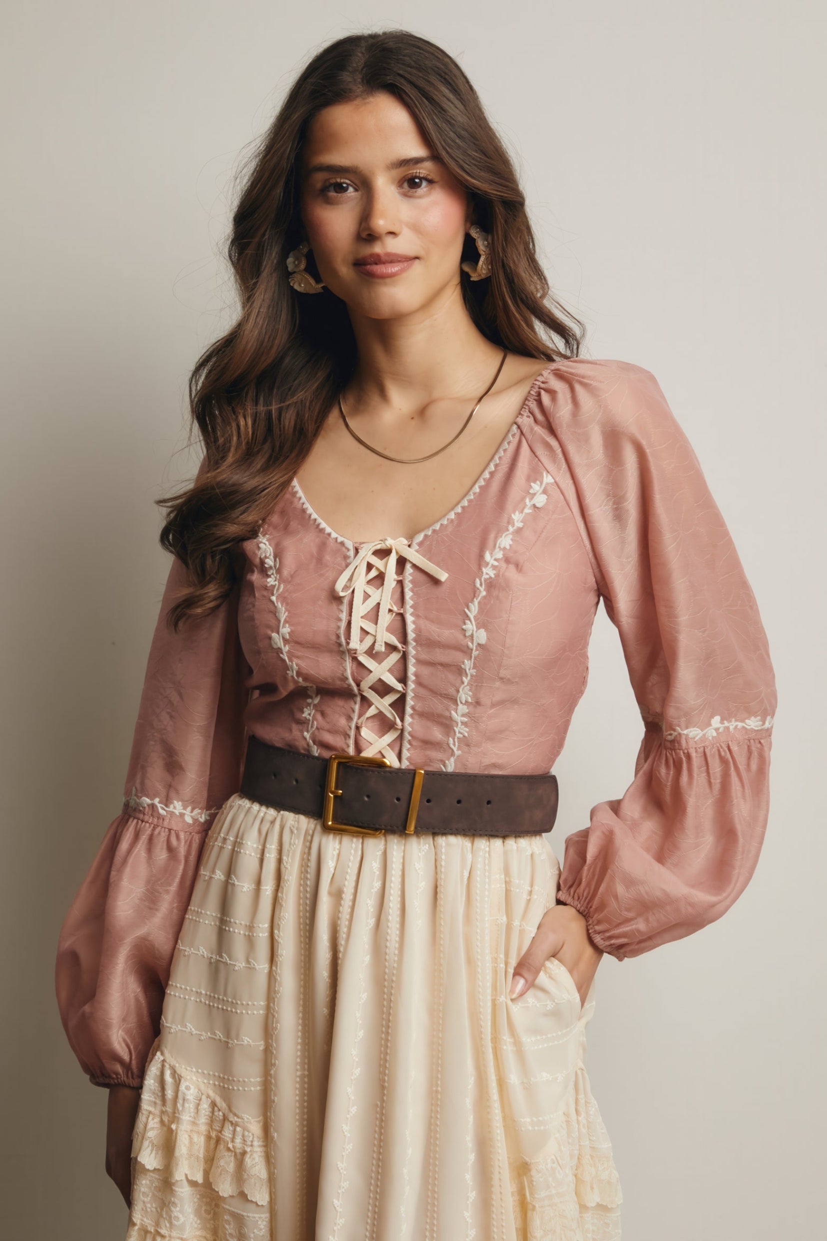 Lace-Up Embroidered Puff Sleeve Top – Blush