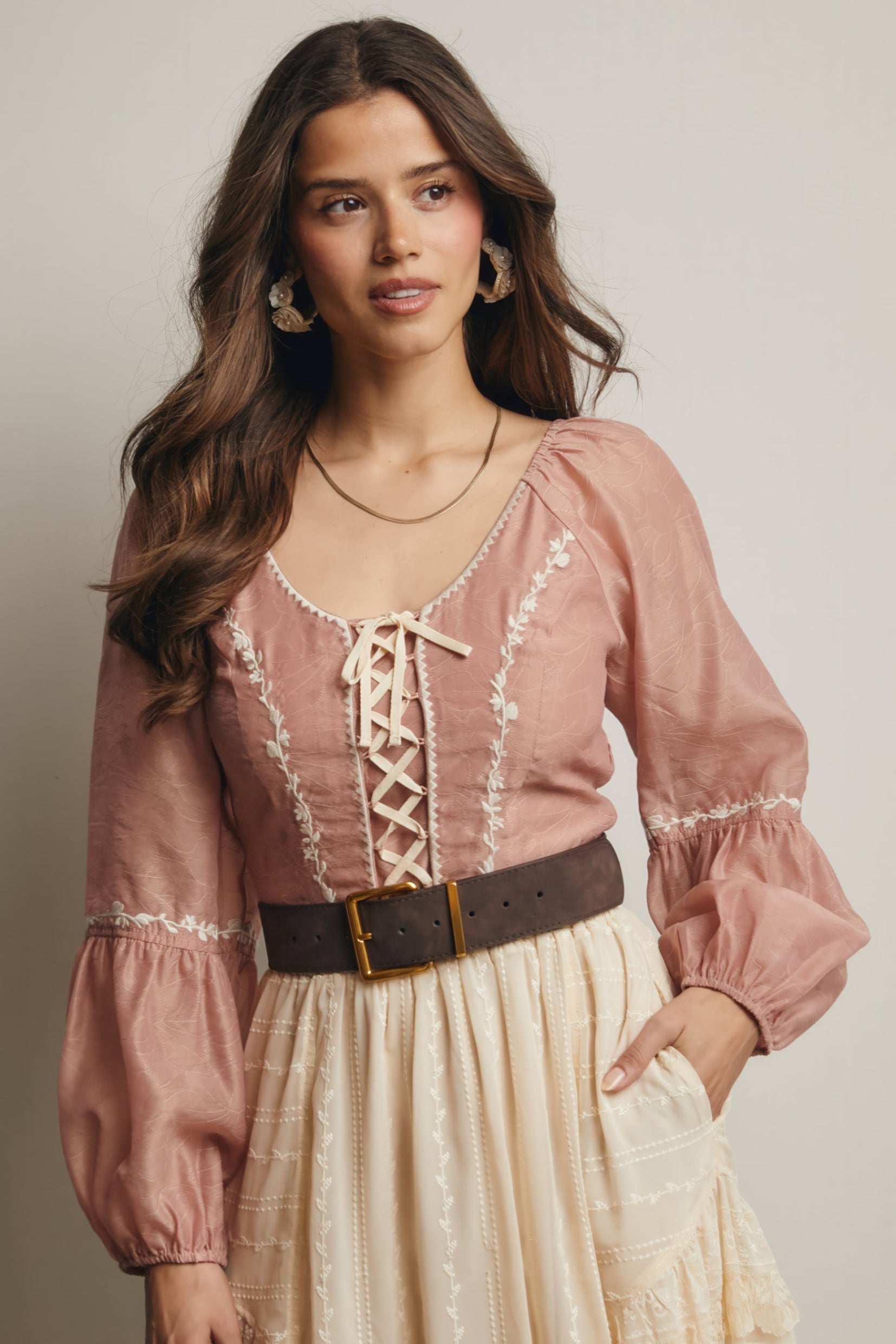 Lace-Up Embroidered Puff Sleeve Top – Blush