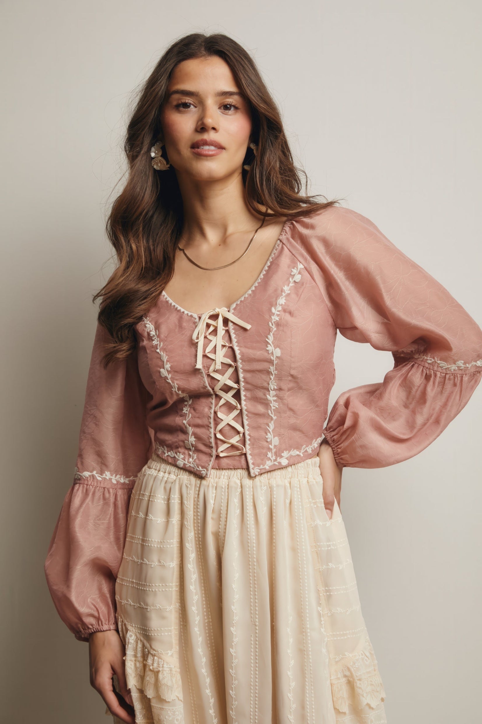 Lace-Up Embroidered Puff Sleeve Top – Blush