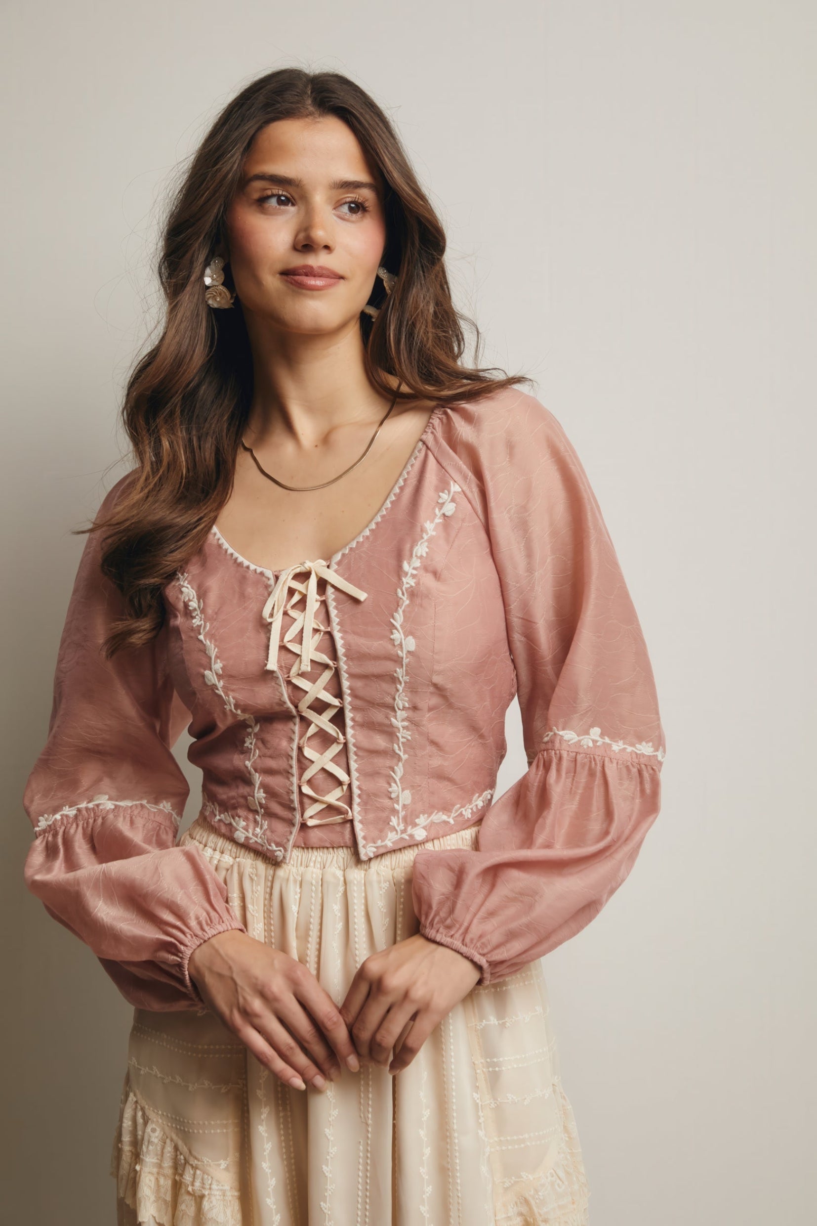 Lace-Up Embroidered Puff Sleeve Top – Blush