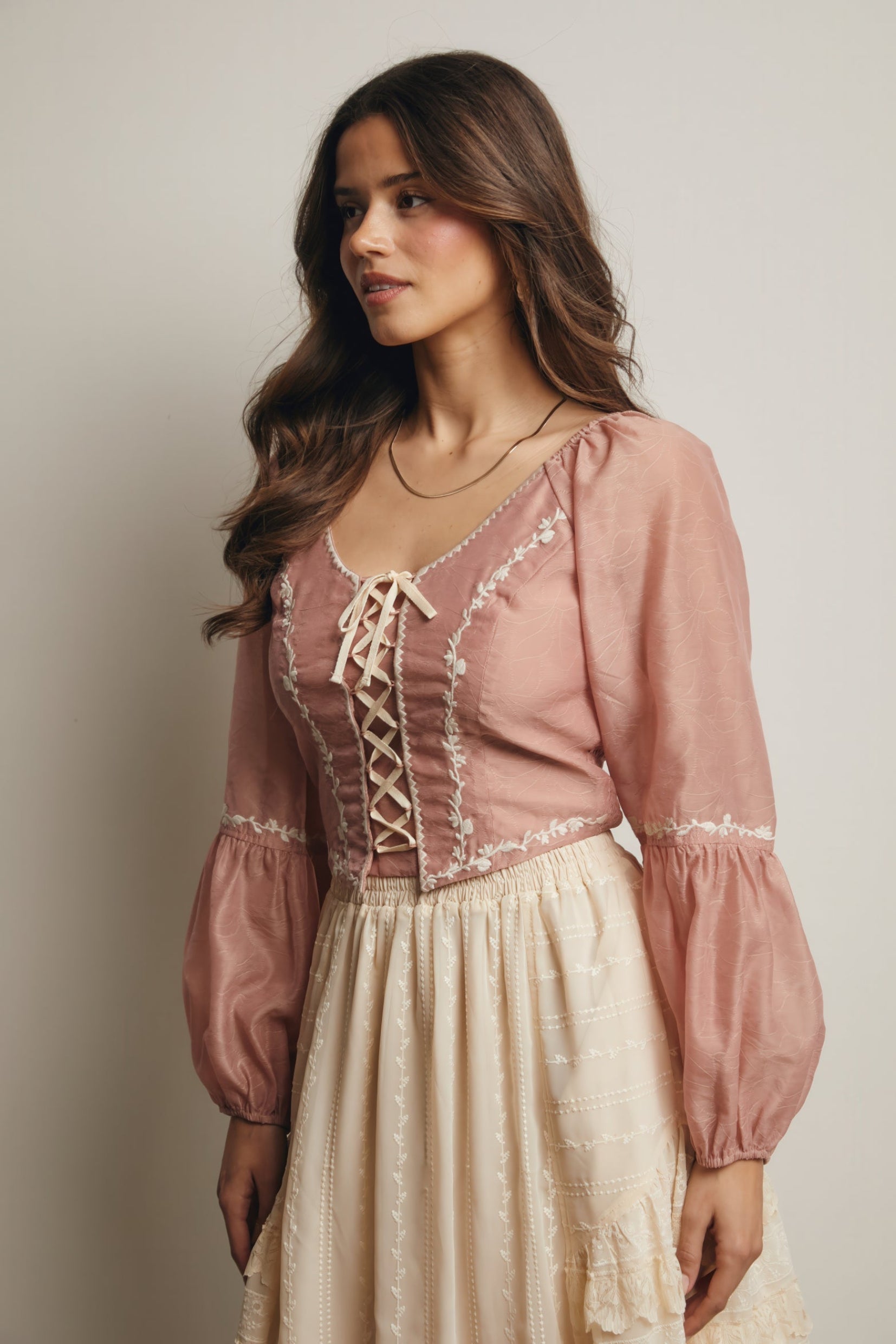 Lace-Up Embroidered Puff Sleeve Top – Blush