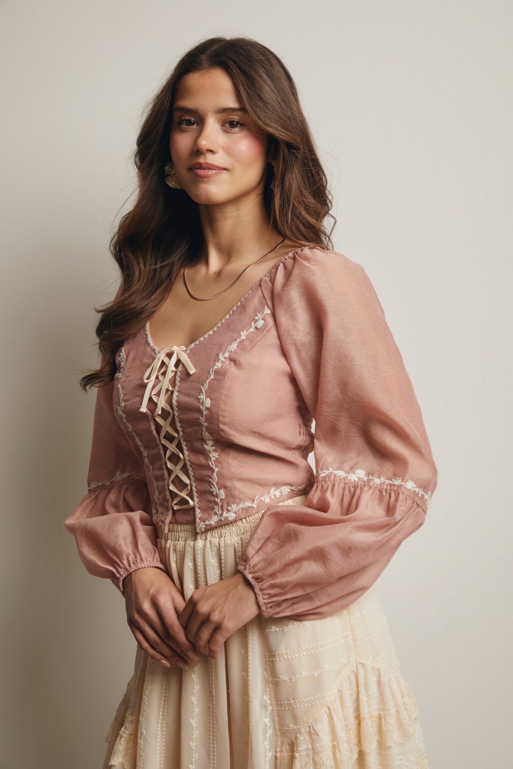 Lace-Up Embroidered Puff Sleeve Top – Blush