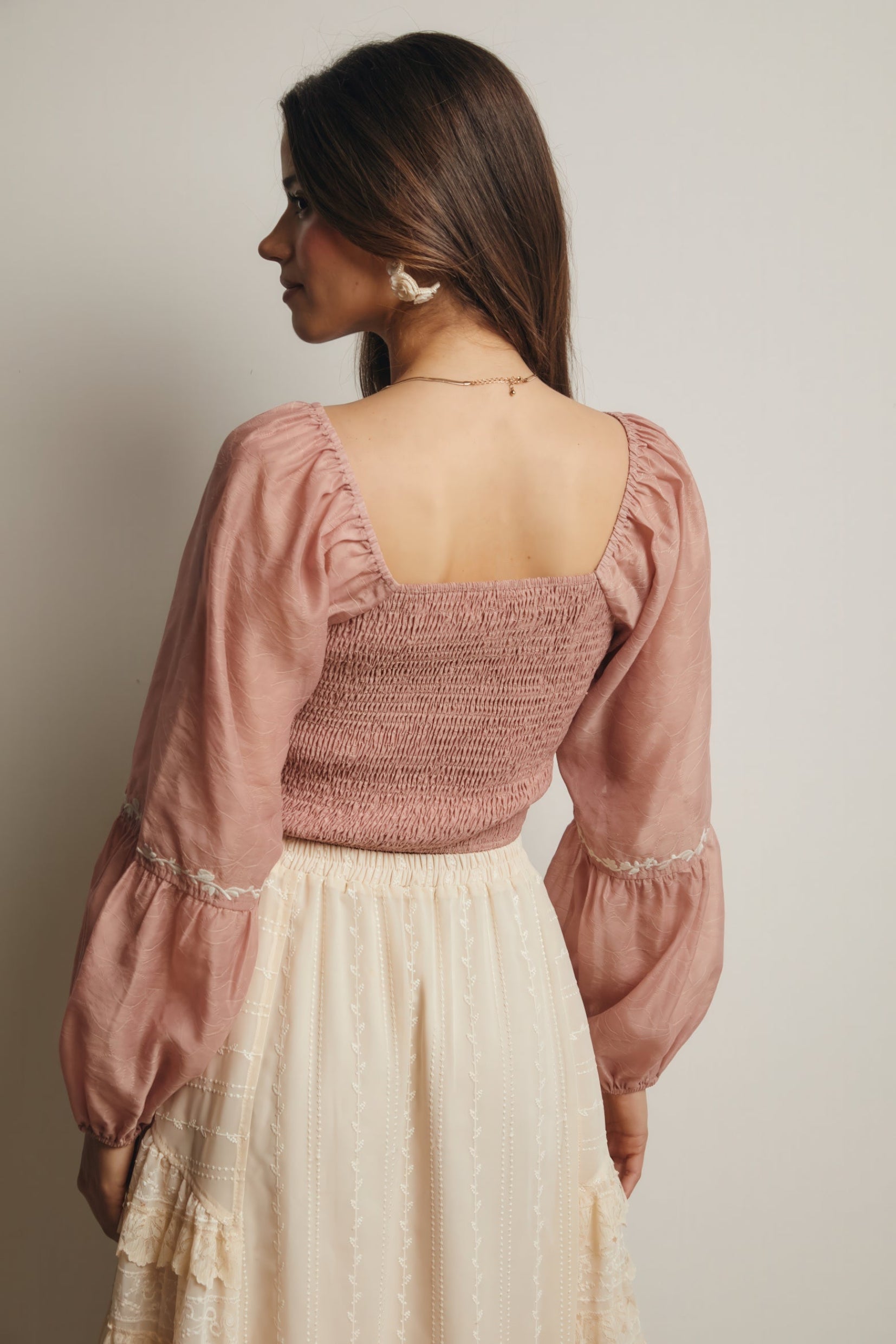 Lace-Up Embroidered Puff Sleeve Top – Blush