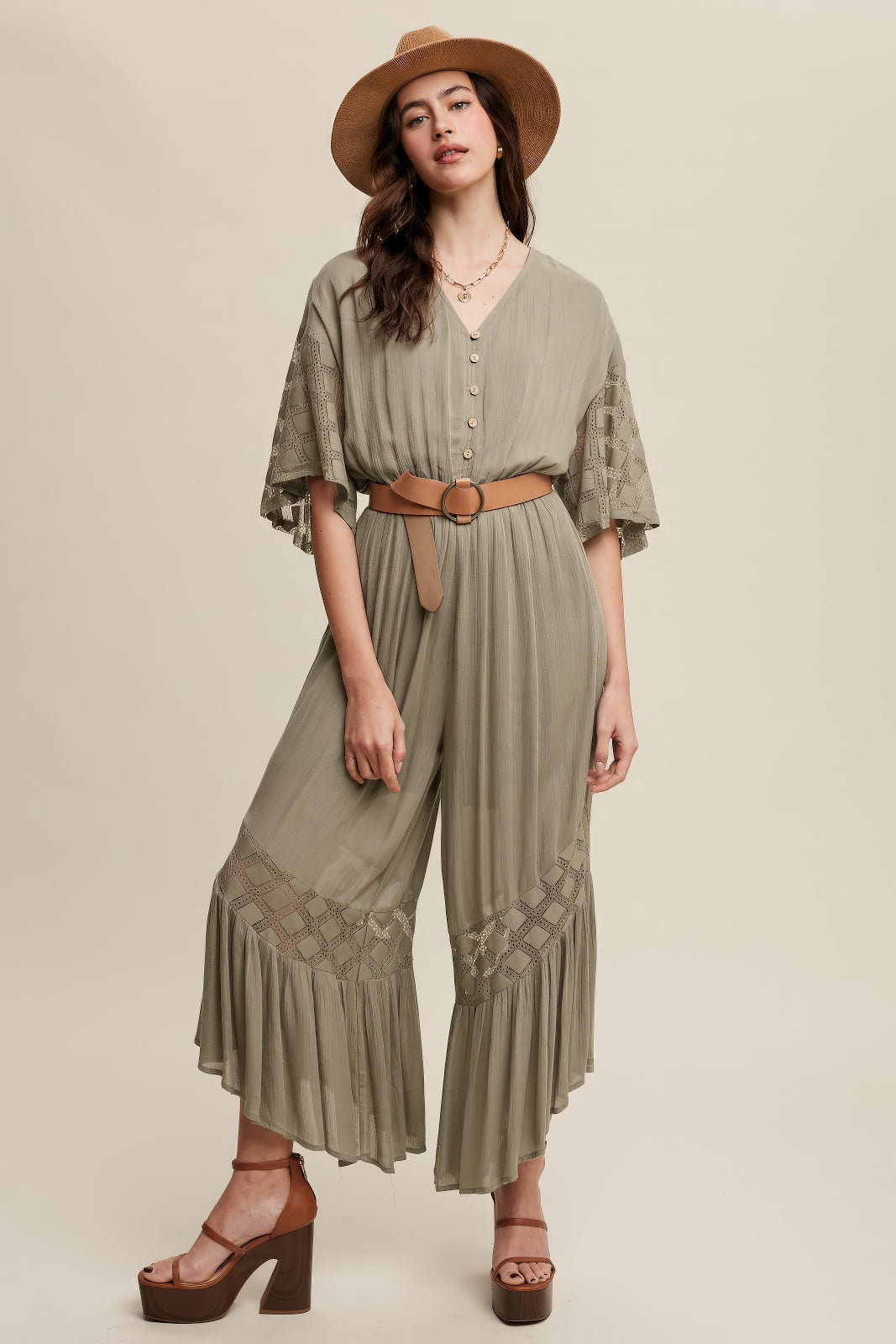 V‑Neck Button Down Ruffle Hem Jumpsuit – Olive