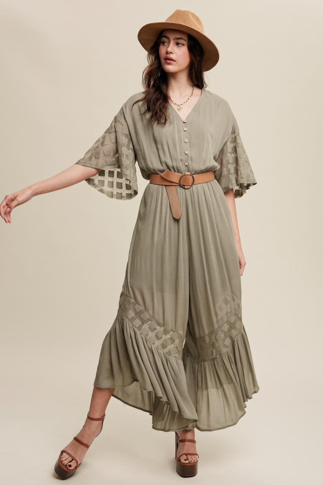 V‑Neck Button Down Ruffle Hem Jumpsuit – Olive