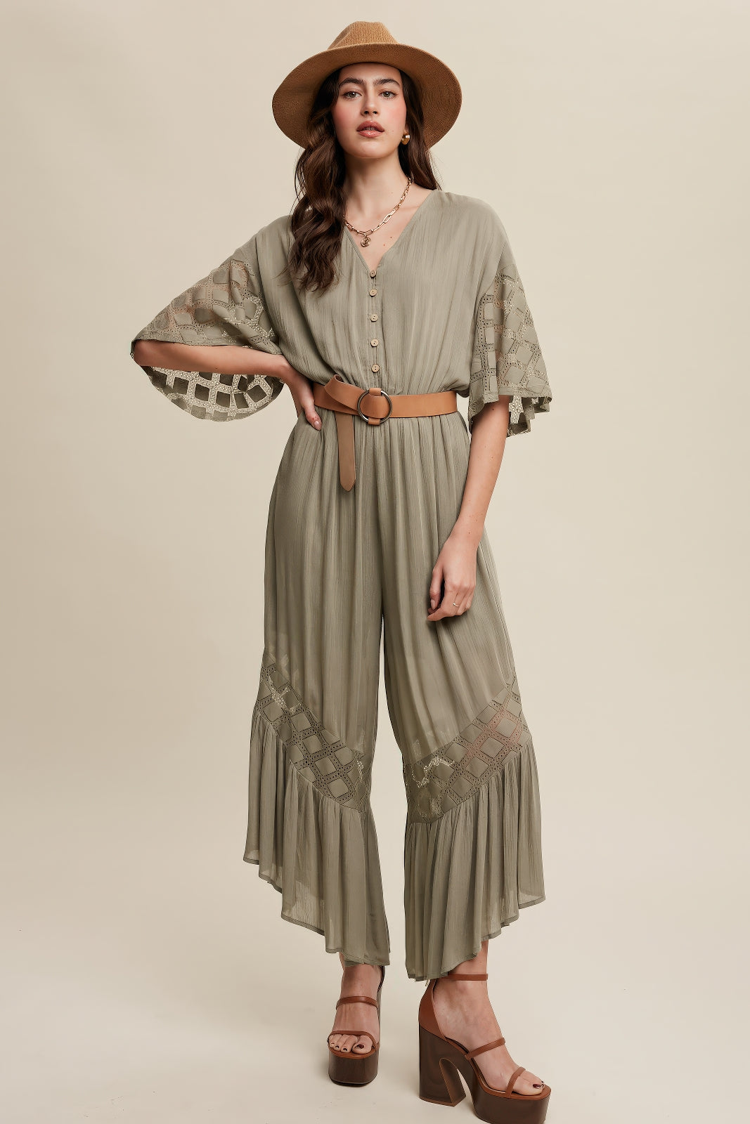 V‑Neck Button Down Ruffle Hem Jumpsuit – Olive