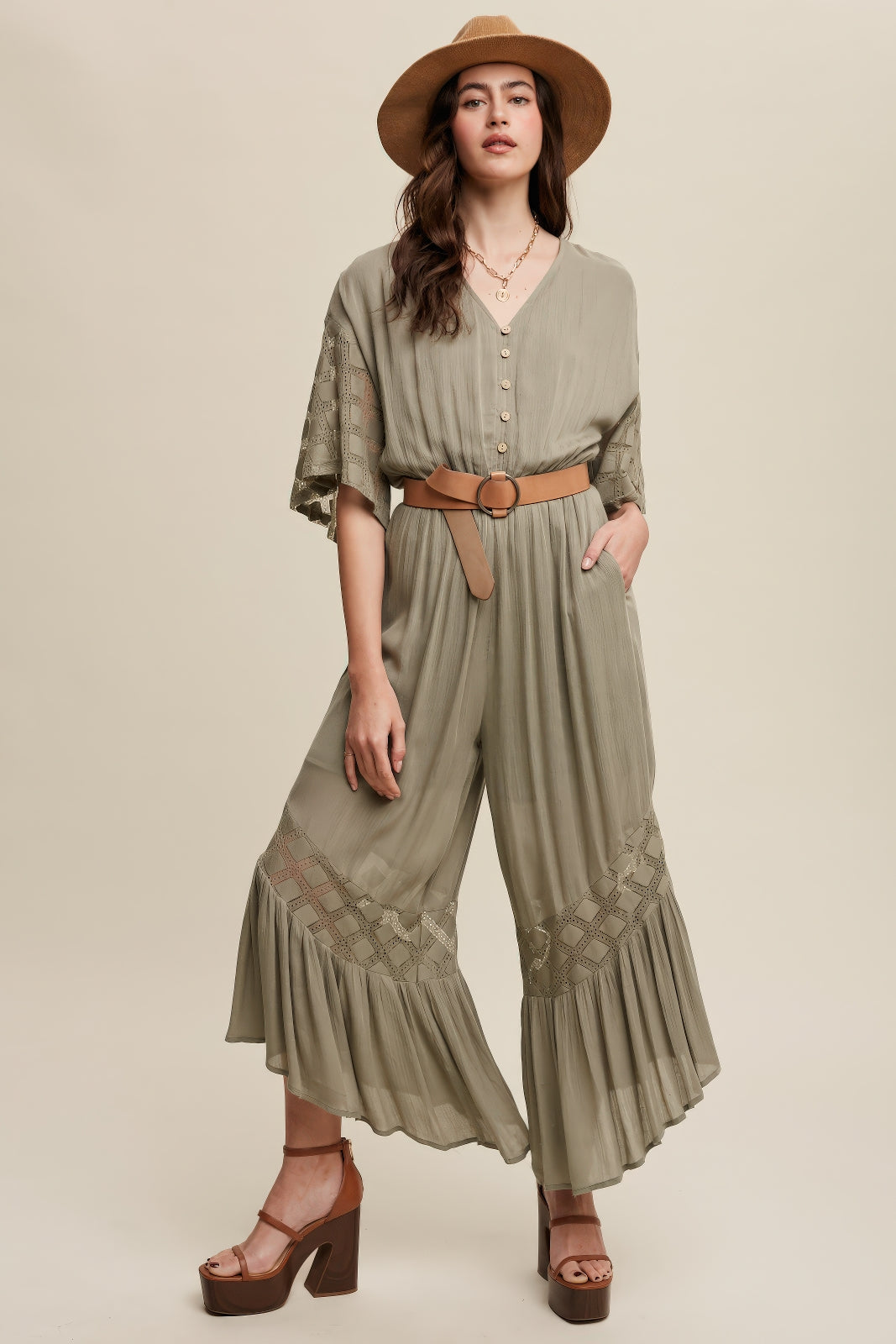 V‑Neck Button Down Ruffle Hem Jumpsuit – Olive