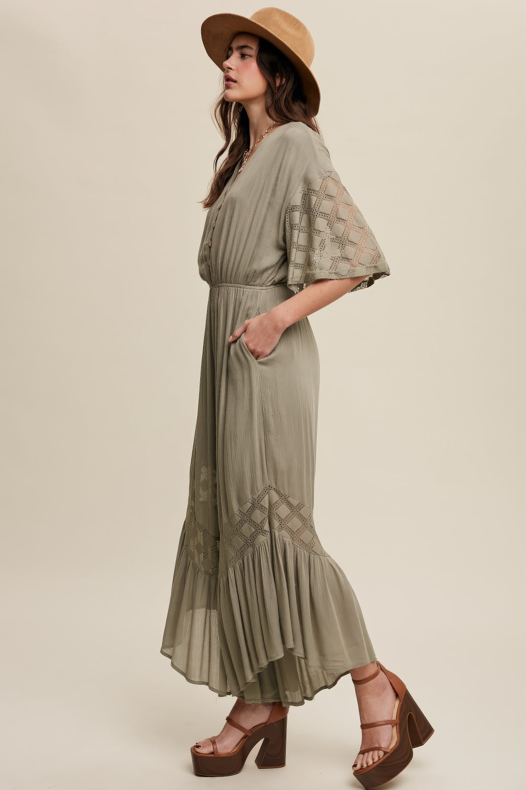 V‑Neck Button Down Ruffle Hem Jumpsuit – Olive