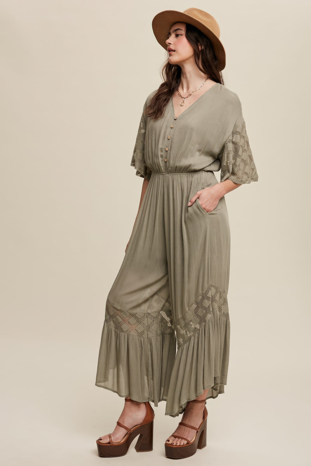 V‑Neck Button Down Ruffle Hem Jumpsuit – Olive