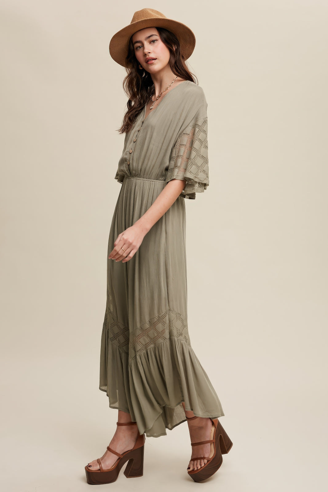 V‑Neck Button Down Ruffle Hem Jumpsuit – Olive