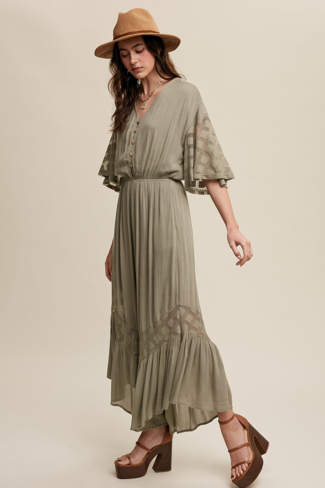 V‑Neck Button Down Ruffle Hem Jumpsuit – Olive